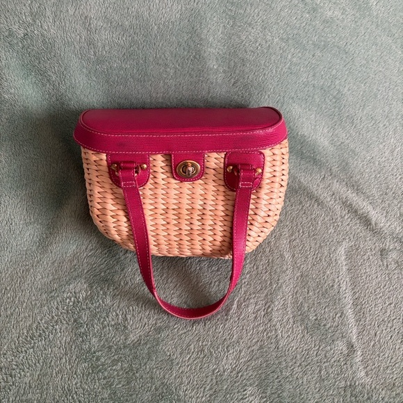 Vintage Vegetable Fiber Woven Basket Purse Top Handle Bag Pink Tan mirror - Picture 7 of 14